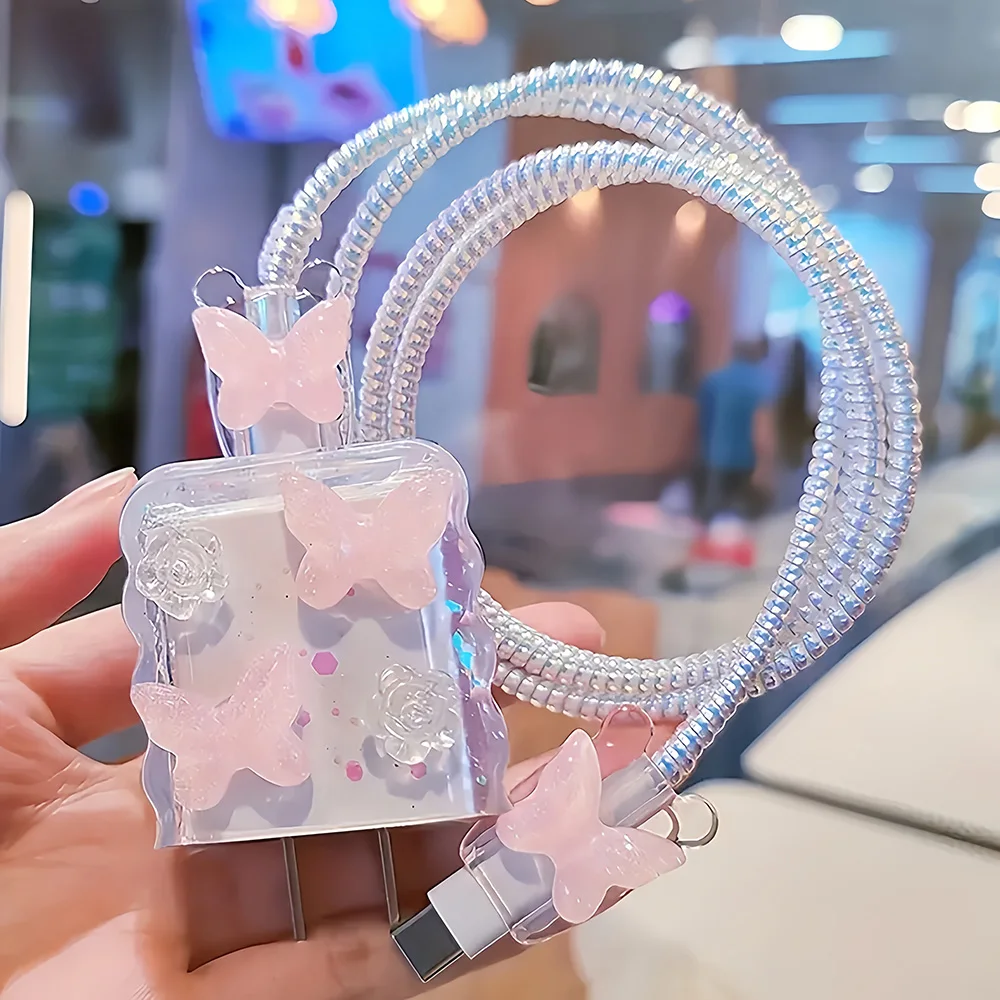 Cute Blue Pink 3D Star Wave Shell For iPhone 20W 18W Charger Protective Case Cable Organizer Charging Head Protector Cover