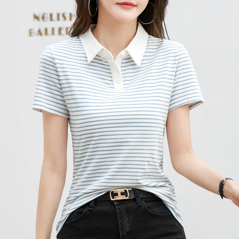 Korean Style Short Sleeve Polo Shirt Women Cotton Stretch Fashion Summer Tops Elegant Knitted Striped T-shirt For Women