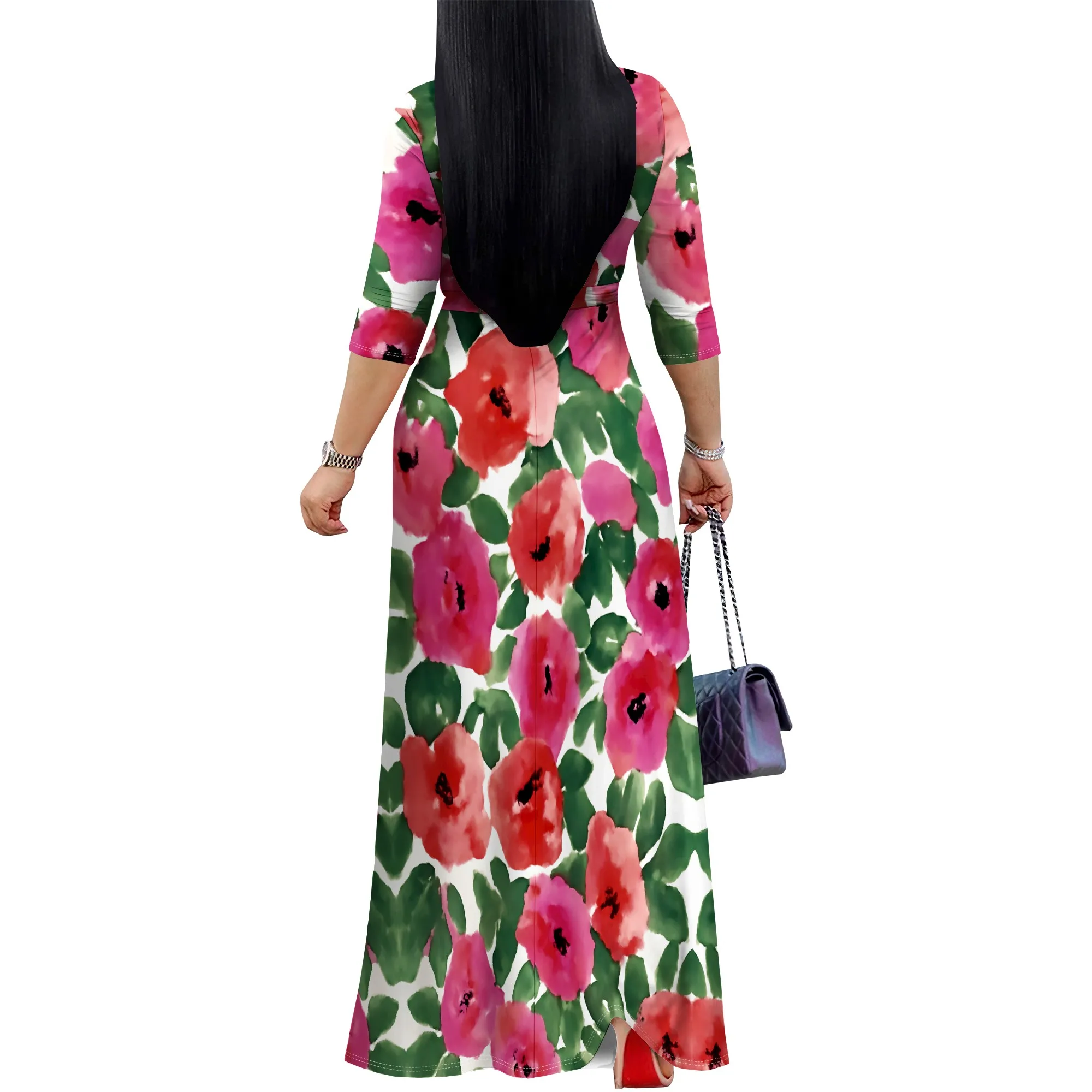 Floral Print Women's Wrap Maxi Dress 2025 New Arrival V-Neck Belted Casual Party Dress XS-3XL