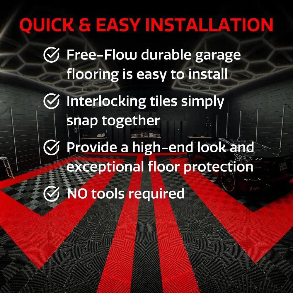 Piastrelle per pavimenti per garage ad incastro a flusso libero, antiscivolo, autodrenante, resistente, fotopolimero ad alto impatto, facile installazione (nero, 4