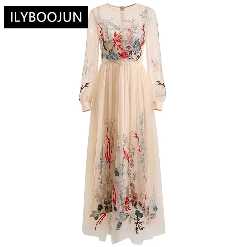 Autumn Mesh Long Dress Women O-Neck Lantern Sleeve Flower Embroidery High Waiste Party Dresses For Women 2023 Luxury Brand High