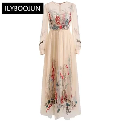 Autumn Mesh Long Dress Women O-Neck Lantern Sleeve Flower Embroidery High Waiste Party Dresses For Women 2023 Luxury Brand High