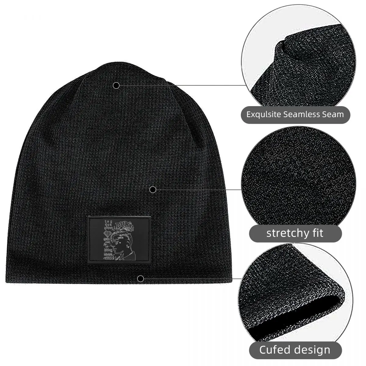 Duki Hip Hop Waffle Knit Fleece Lined Beanie with PU Leather Patch Unisex Warm Winter Soft Cap