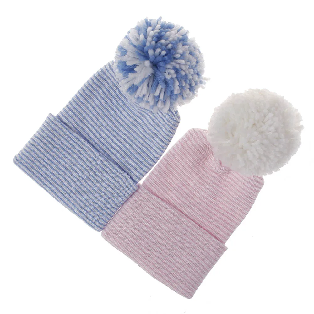 Newborn Baby Double-Layer Thickened Knitted Hat Striped Pull-On Cap with Cute Pom-Pom for Autumn Winter 0-3 Months