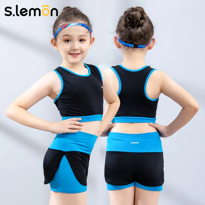 Slemon Ragazze Ginnastica Body Set Bambini Cheerleader Vestito Color Block Impiombato Canotta Manica Corta Sport Aerobica Dancewear