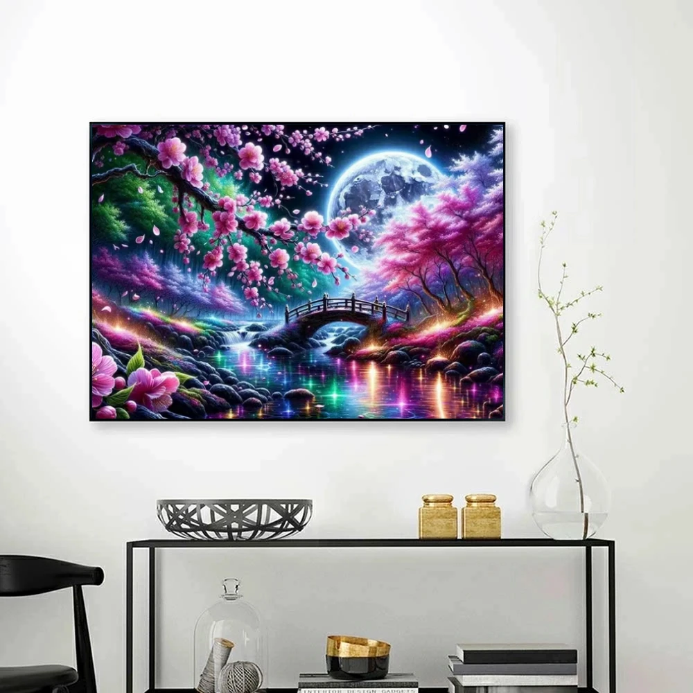 5D-Diamantgemälde, Brücke, Fluss, Mond, Landschaft, Muster für Erwachsene, Anfänger, DIY, mag Baum, Stickerei, Blumenmosaik, einzigartiges Geschenk