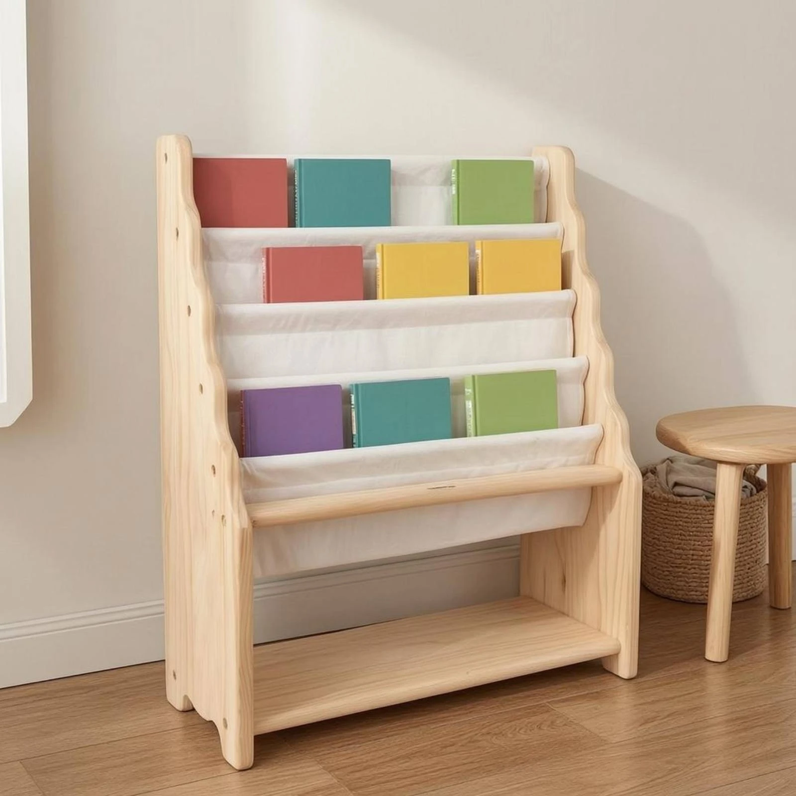 cloth-pocket-book-shelf-compact-wooden-kids-bookshelf-floor-standing-kids-book-shelf-paintpaint-free-finish