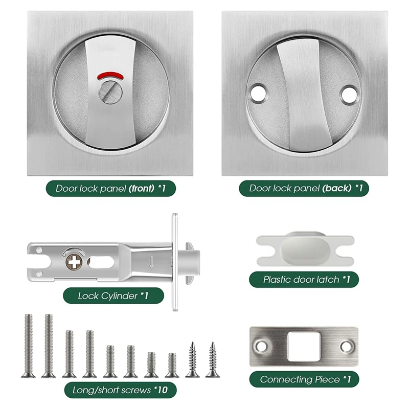 FULL-Pocket Door Lock With Indicator Light, Silver Privacy Square Pocket Latch, Barn Door Lock Pocket Door Hardware