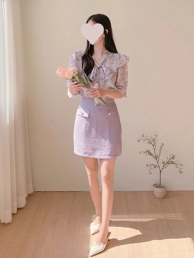 

Summer Women's Ruffle Lace-Up Chiffon Blouse French Floral Print Short Sleeve Top Bow Unique Stylish