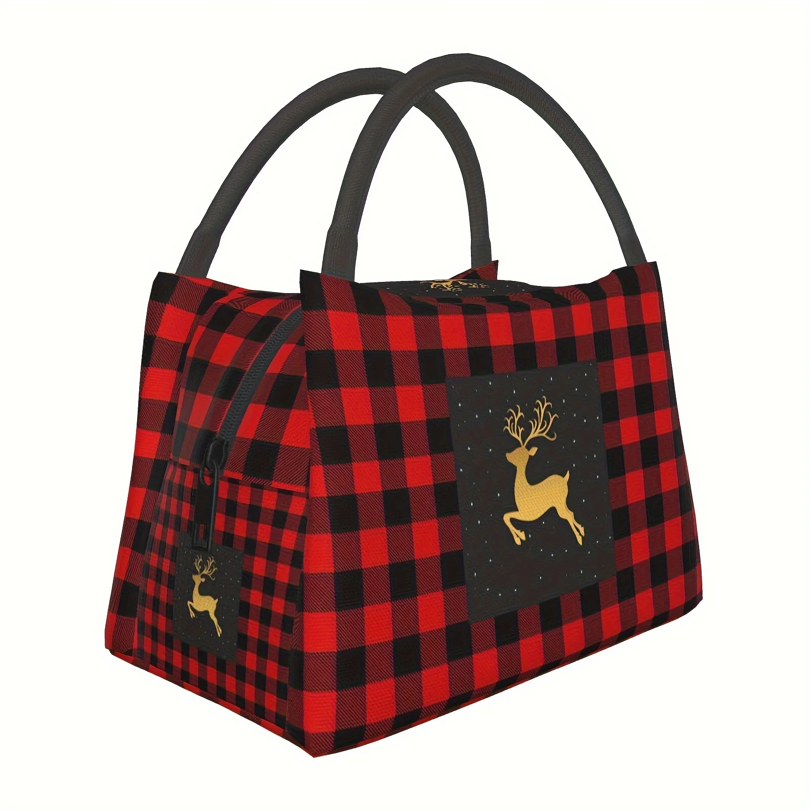 

Christmas elk Red and Black Plaid Pattern Lunch Bag Insulation Lunch Bag Suitable for Home, Restaurant Office Hiking and Outdoor