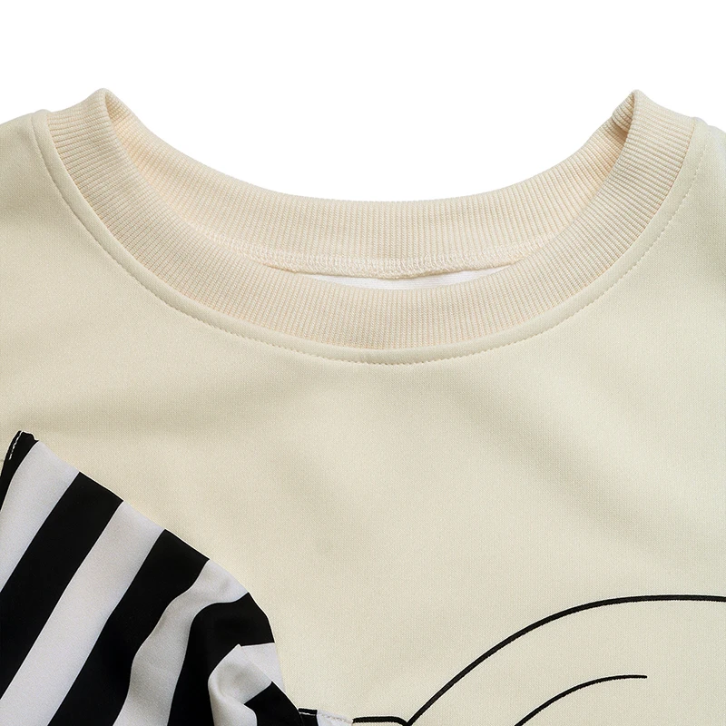 여성용 크림 화이트 스트라이프 리본 프린트 스웨트셔츠 캐주얼 루즈 라운드 넥 긴팔 풀오버 탑