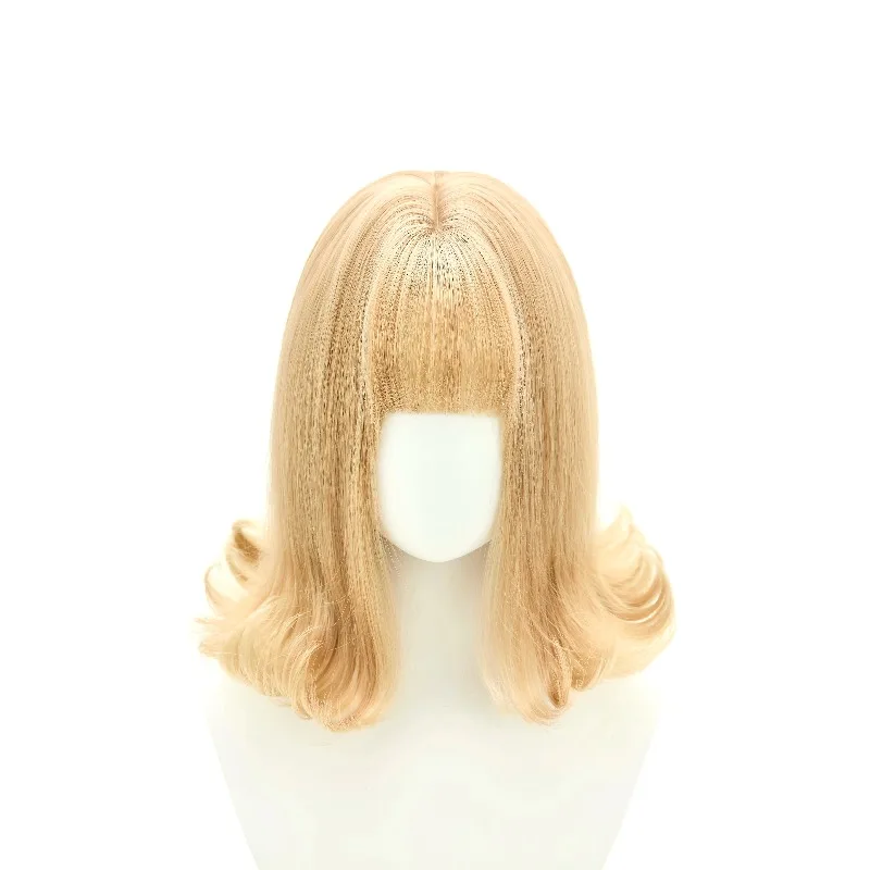Short Flip‑Out Big Curly Wig Golden with Bangs High Temperature Fiber Handmade Wig for Women Daily Wear Cosplay Party