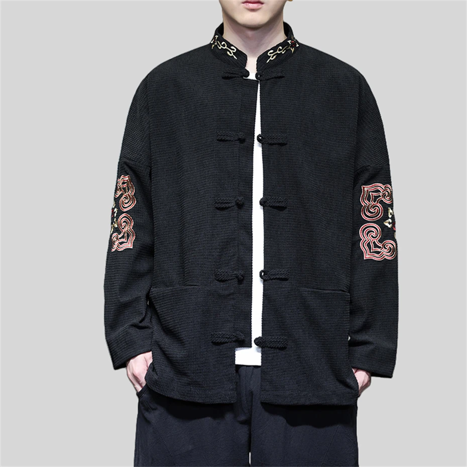 Plus Size Retro Jacket Men Disc Buckle Loose Casual Jackets Coat Mens Harajuku Lucky Cloud Embroidery Jackets Men Clothing 5XL