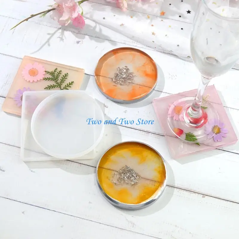 HX6F 2 Pcs Round Square Mug Pad Resin Casting Mold Jewelry Decor Making Epoxy Mould