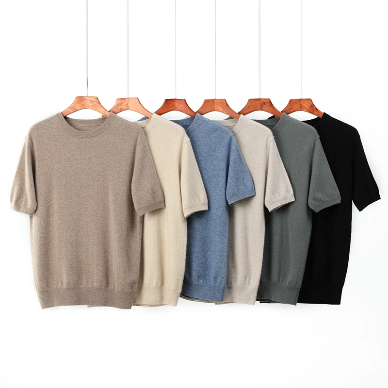High-End Men'S 100% Pure Cashmere Short-Sleeve Summer Breathable Men'S Round-Neck T-Shirt, Flat-Knit Casual Half-Sleeve Shirt