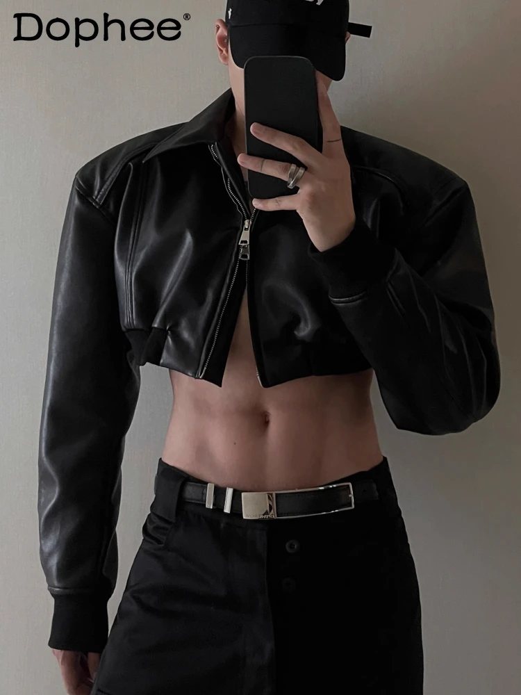 

Men's 2025 Spring Autumn Personality Niche Wear Trendy Half-waist Leather Jackets Double Zipper Wide Shoulder Slim Leather Coats