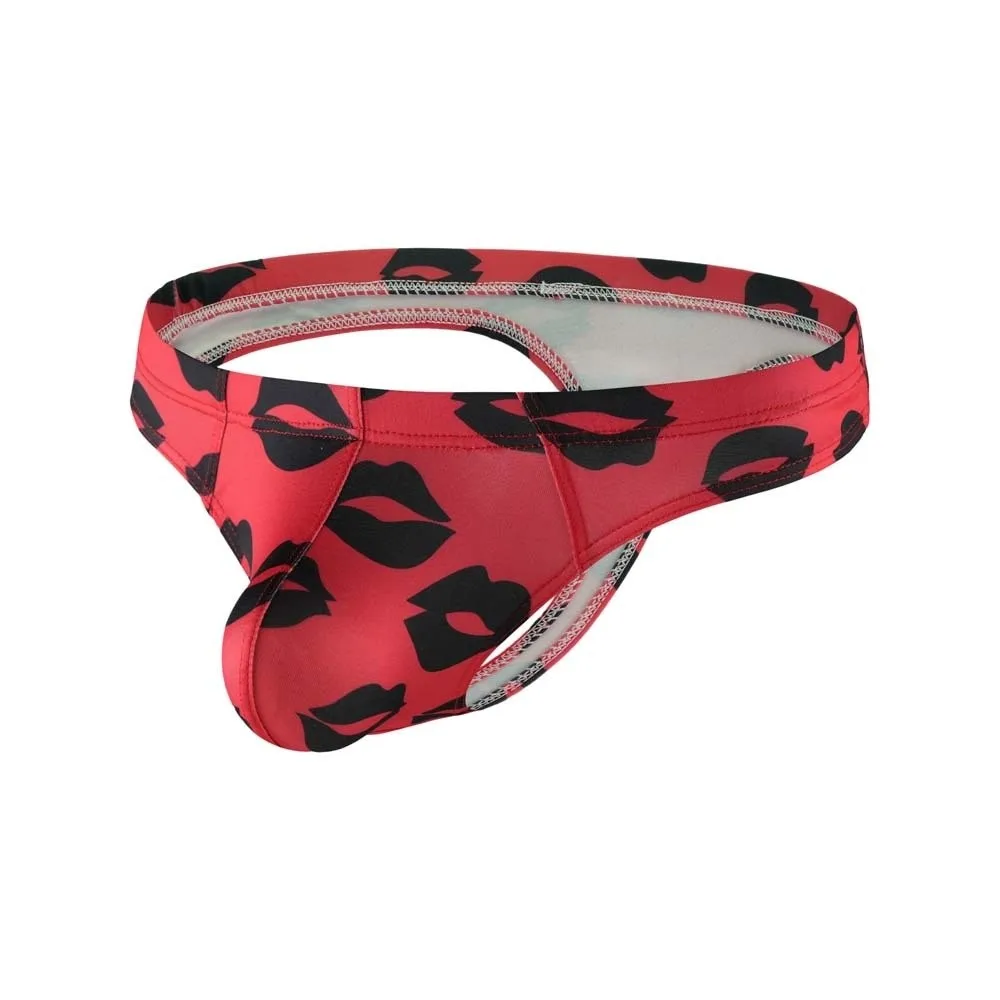 Breathable Ice Silk Men Lip Pattern Thongs with Mouth Print Low Waisted Male Briefs Lingerie T-back Underpants Male