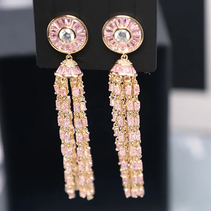 Hollow Long Chain Tassel Dangle Earrings for Women Micro Paved CZ Zircon Stone Gold Plated 925 Silver Ear Pin Jewelry