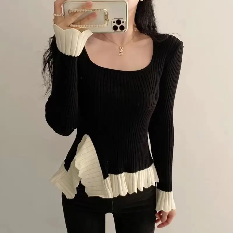 Korean Irregular Design Feeling Retro Square Neck Slim Fit Knitted Shirt with Ruffle Edge Panel Black Bottom Top