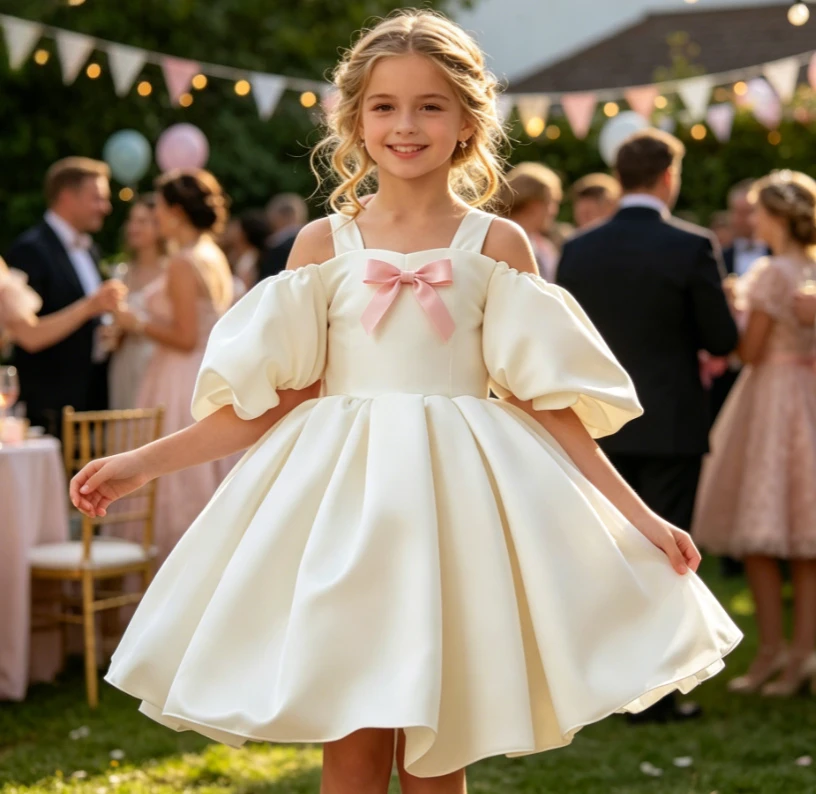 Girls Dress 2026 Spring Summer New Childrens Clothes Girls Baby Sweet Gorgeous Bubble Sleeve Bow Princess Dress
