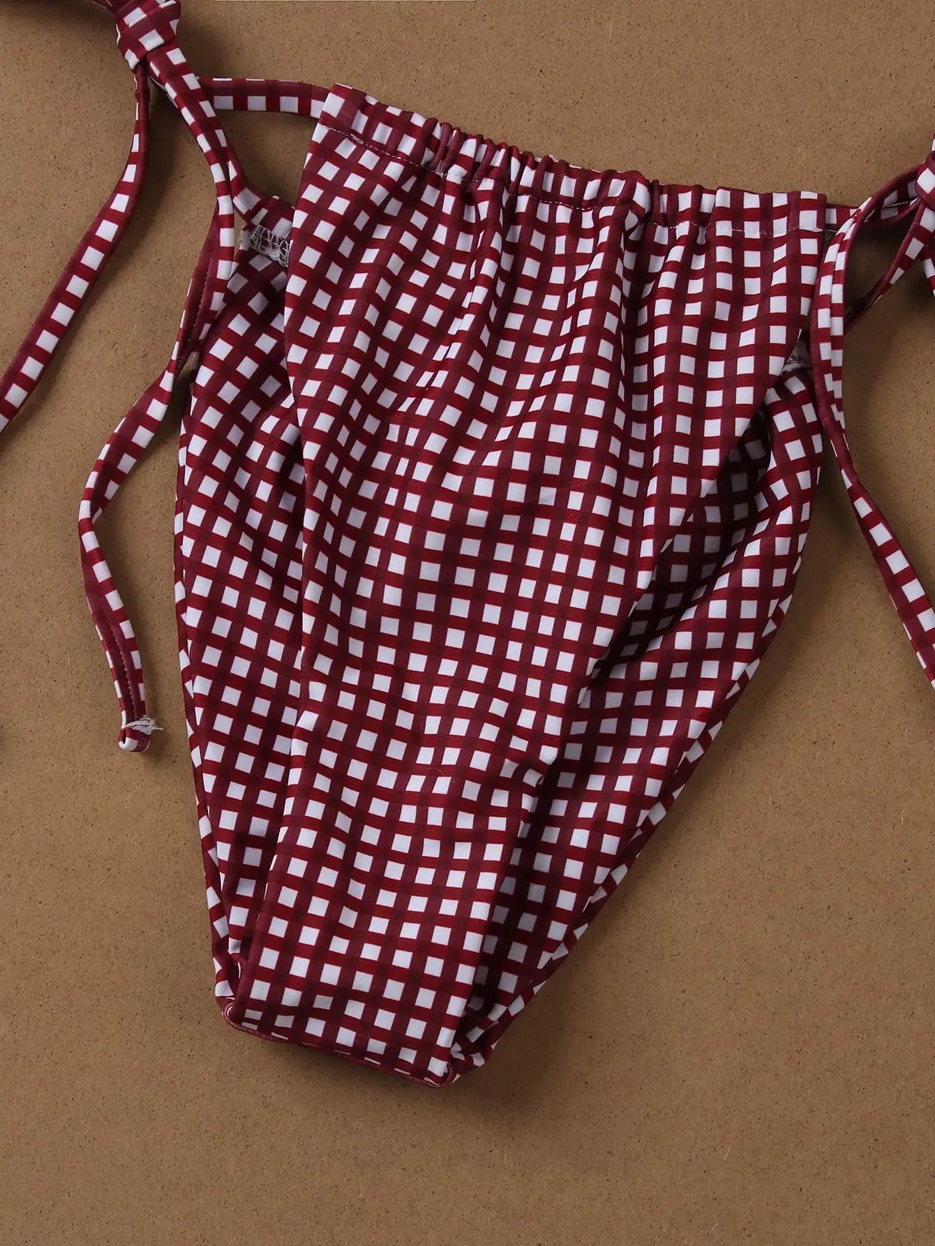 

Deep Red White Plaid Tie String Bikini Set Women Beach Vacation Swimwear