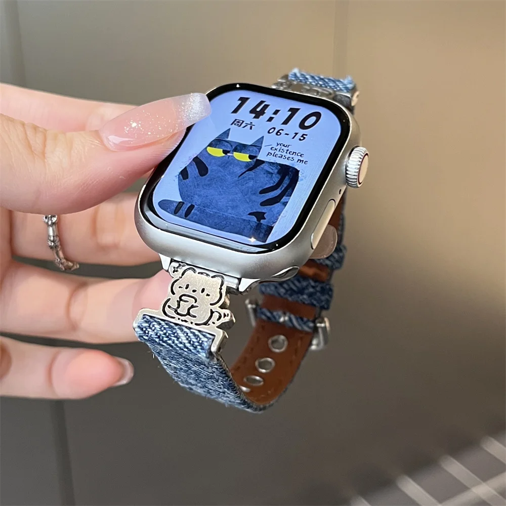 Cute Washed Denim Cartoon Dog Watch Band For Apple Watch 44mm 40 45 41 49 42 38mm Soft Strap For Ultra Series 9 8 SE 7 6 5 4 3