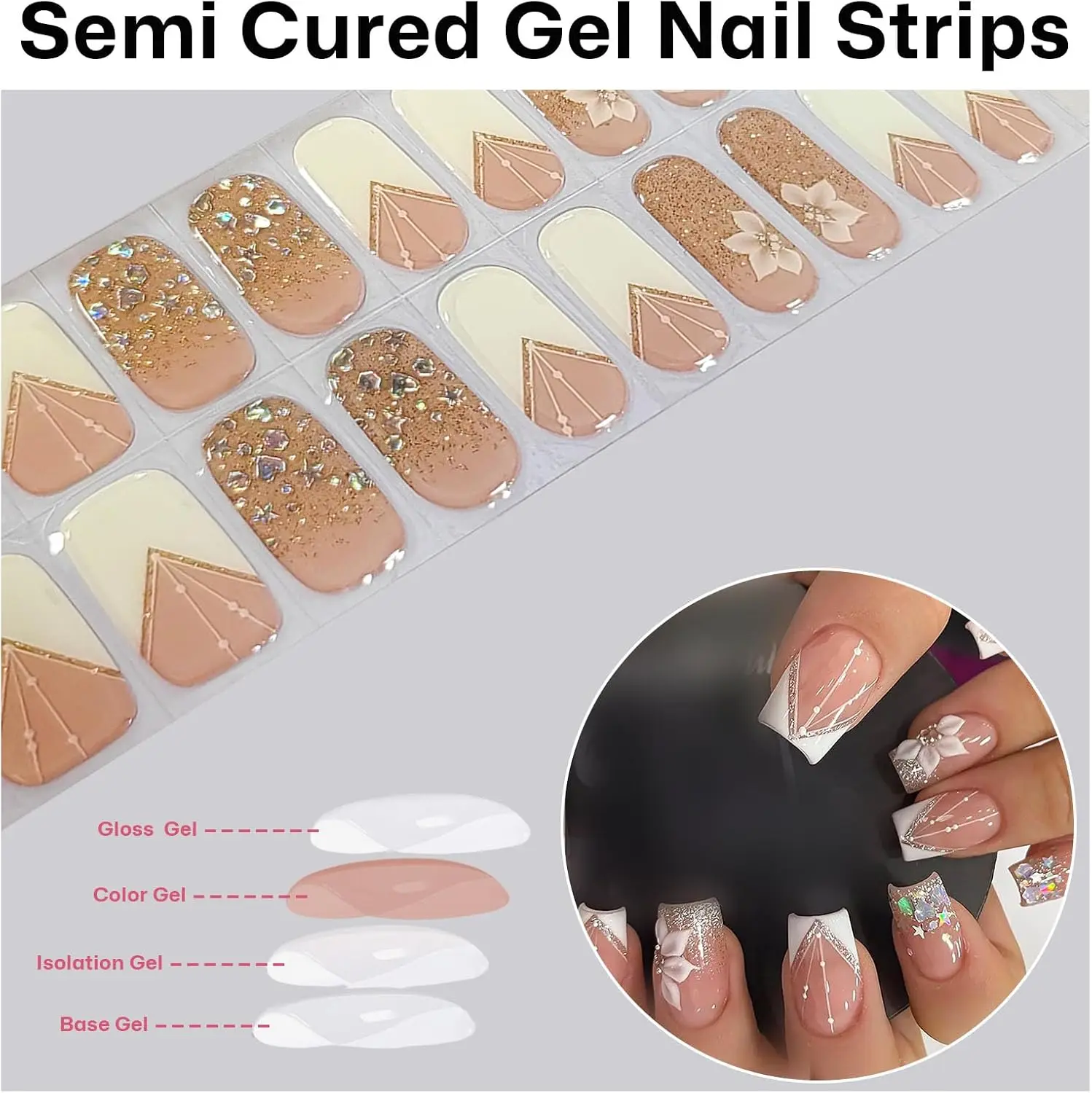 Semi-Cured Gel Nail Strips 20Pcs White Glitter Flowers UV/LED Compatible Easy Apply Remove