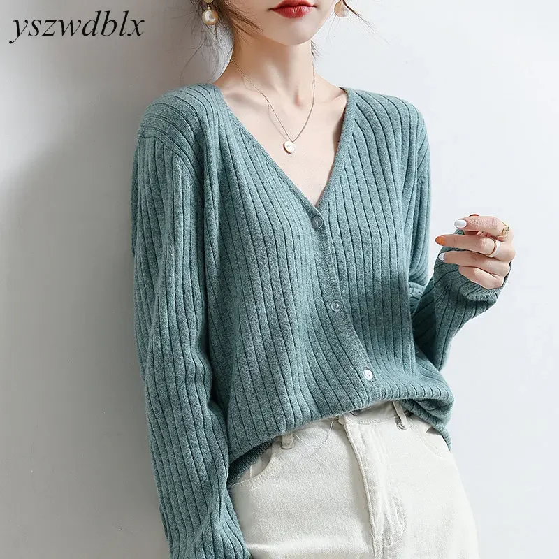 YSZWDBLX-cárdigans de punto con cuello en V para mujer, suéter de manga larga, moda coreana, cárdigan holgado, otoño e invierno, 2024