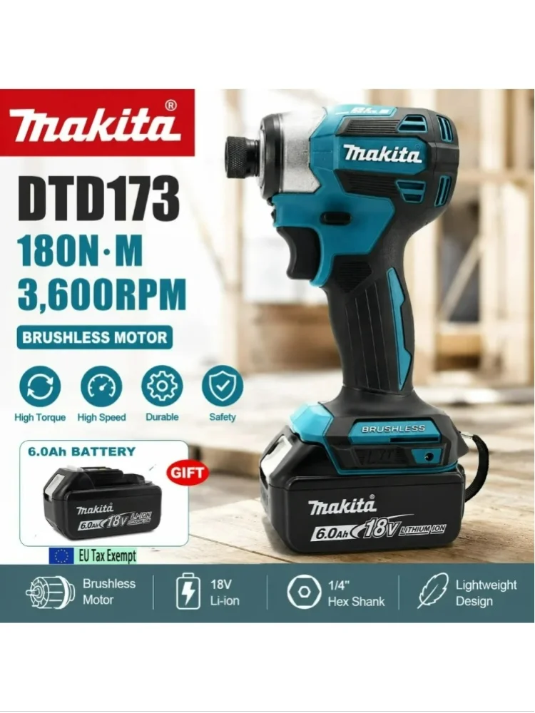 Makita DTD173 18V LXT Akumulatorowy Wkrętak Udarowy Bezszczotkowy Wiertarko-Wkrętarka Elektryczna do Drewna/Śrub T1/T2-Mode Podwójne Światło LED 180 N·m + Makita DTD173 18V Akumulatorowy Wkrętak — 2