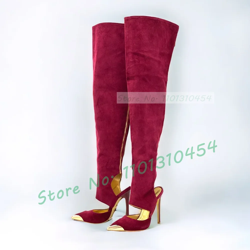 

Pointy Half Open Long Boots Women Bare Heel Metal Toe High Heels Corduroy Shoes Fashion Ladies Sexy Backless Thigh High Boots