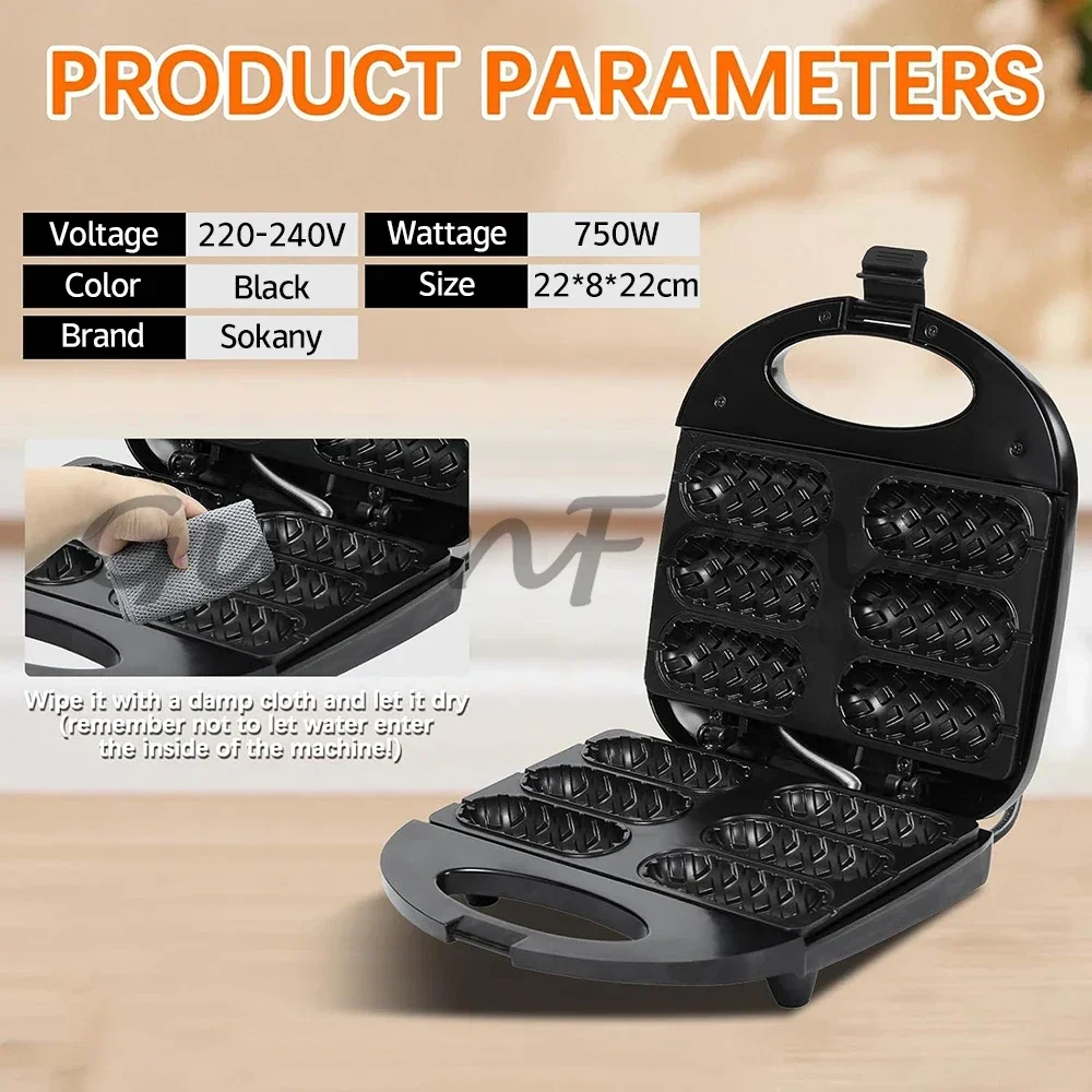 Breakfast Cooking Equipment 220V Electric 6‑Piece Non‑Stick Corn Dog Waffle Maker Double‑Sided Heating Sausage Roll