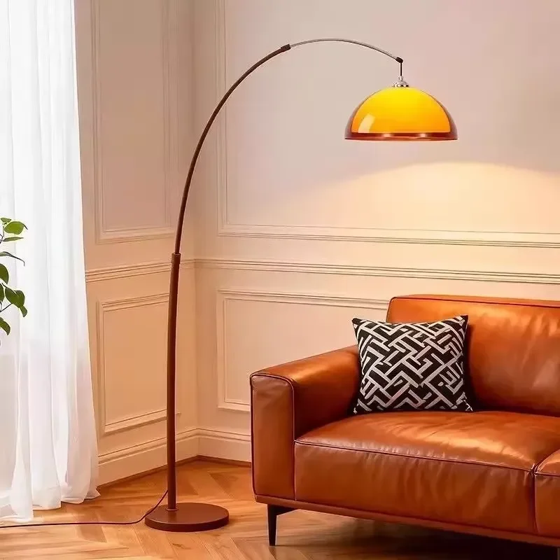 Modern Curved Floor Lamp with Amber Dome Shade Medieval Style Overhang Reading Light for Living Room Sofa Home Decoration