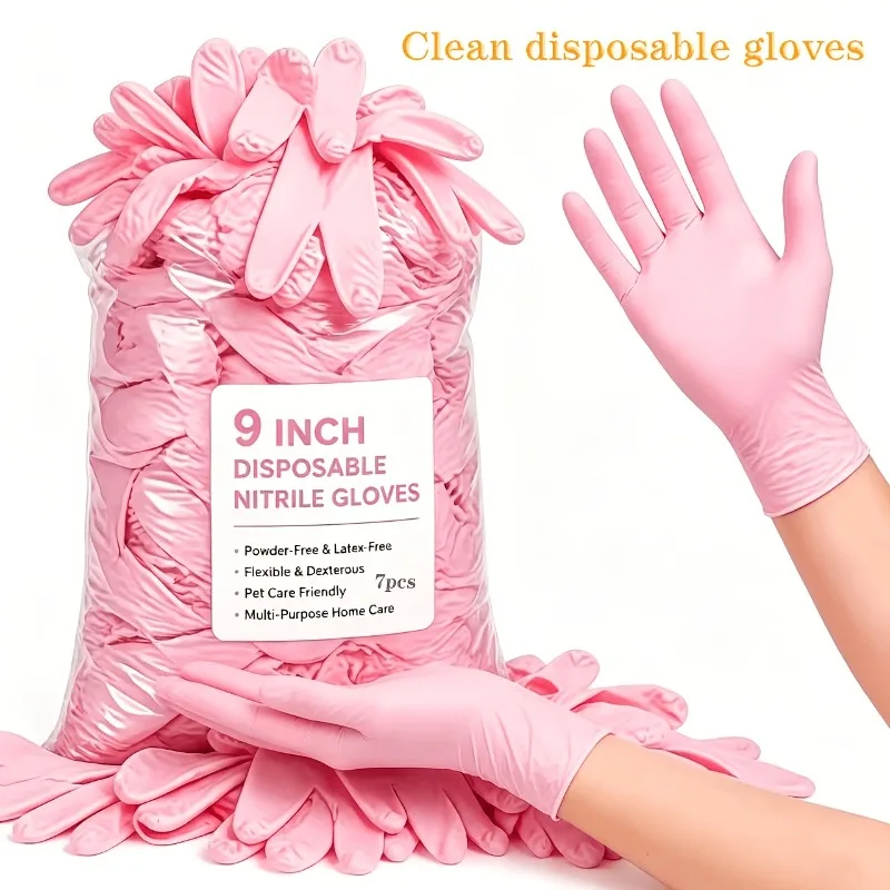 7 Pairs/Set Light Pink Disposable Composite Nitrile Gloves, 5Mil, Suitable for Household Kitchen Cleaning, Painting, Etc