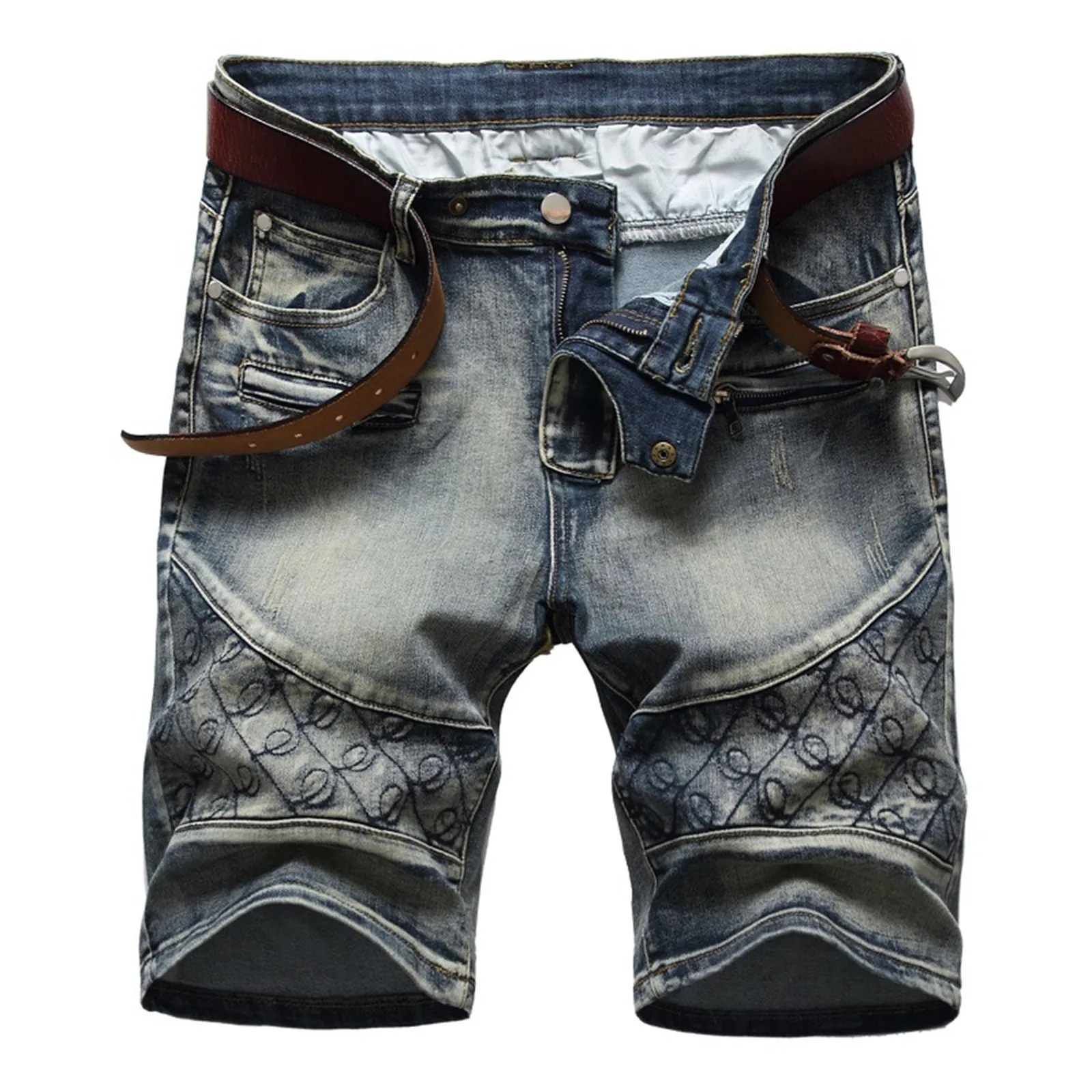 Retro Streetwear Men's Jeans Shorts Fashion Stretch Ripped Print Denim Pants Summer 2024 New Straight Knee-Length Denim Shorts