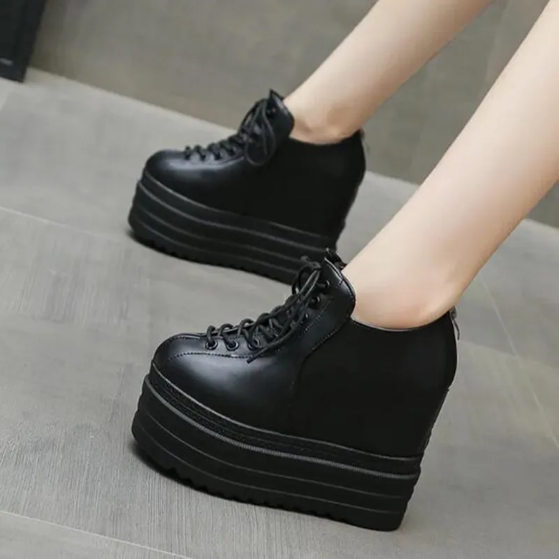 Punk Style Wedges Ankle Boot Black Rubber Sole Shoes Women Lacing Autumn Sexy Lady Height Increasing 12cm Platform Heels Sneaker