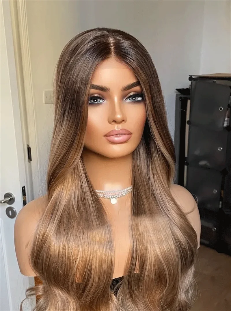 جذور داكنة العسل شقراء شعر مستعار طويل موجة طبيعية الاصطناعية الدانتيل الجبهة الباروكات واقعية نظرة الدانتيل أعلى الباروكات مقاومة للحرارة الاستخدام اليومي #3