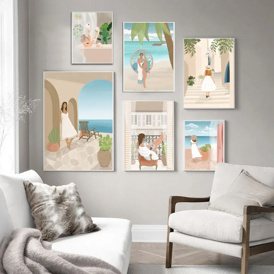 Frameless Canvas PaintingSeaside Resort Beach Sea Girl Read Rest Nordic Vintage Poster Wall Art Print Canvas Painting Wall Pictu