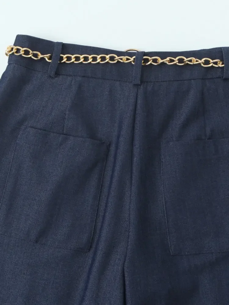 2025 Summer Fashion Women's Vintage High Waist Straight Trousers & Belt Female Elegant Knee Length Street Wide Leg Chain Pants