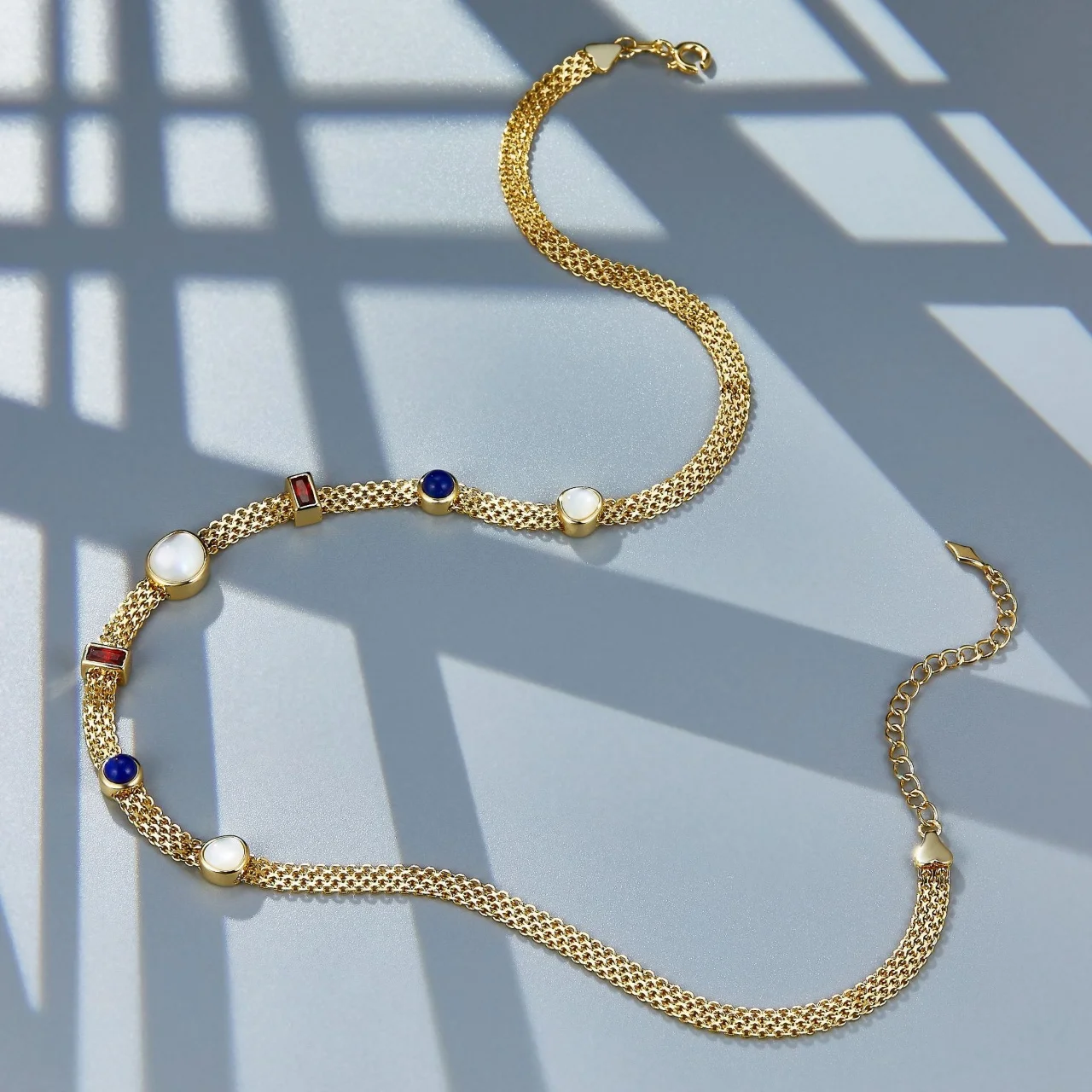 

Modern 925 Silver Semi-precious Gemstone Choker Natural Lapis Pearl Ruby Garnet Tennis Chain Charm Necklace Lace Jewelry Bijoux