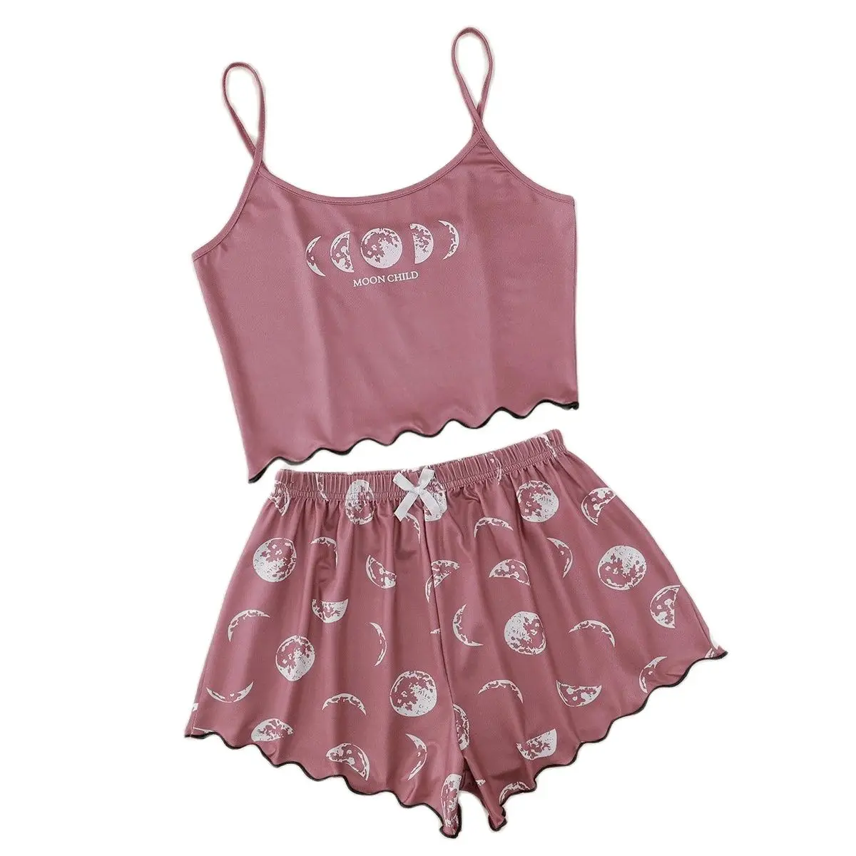 Trendy Women\'s Eclipse MOON CHILD Monogram Print Solid Color Halter Top And Shorts Cute Style Pure Playful Home Wear Set