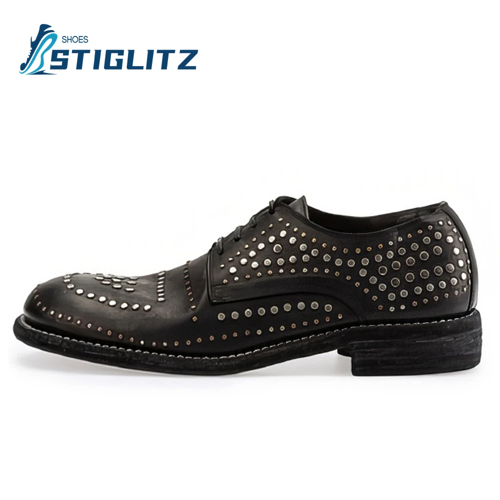 New Metal Pushpin Genuine Leather Brogues Men\'s Round Toe Shallow Sewing Thread Lace Up Oxfords Formal Wear Wedding Dress Shoes