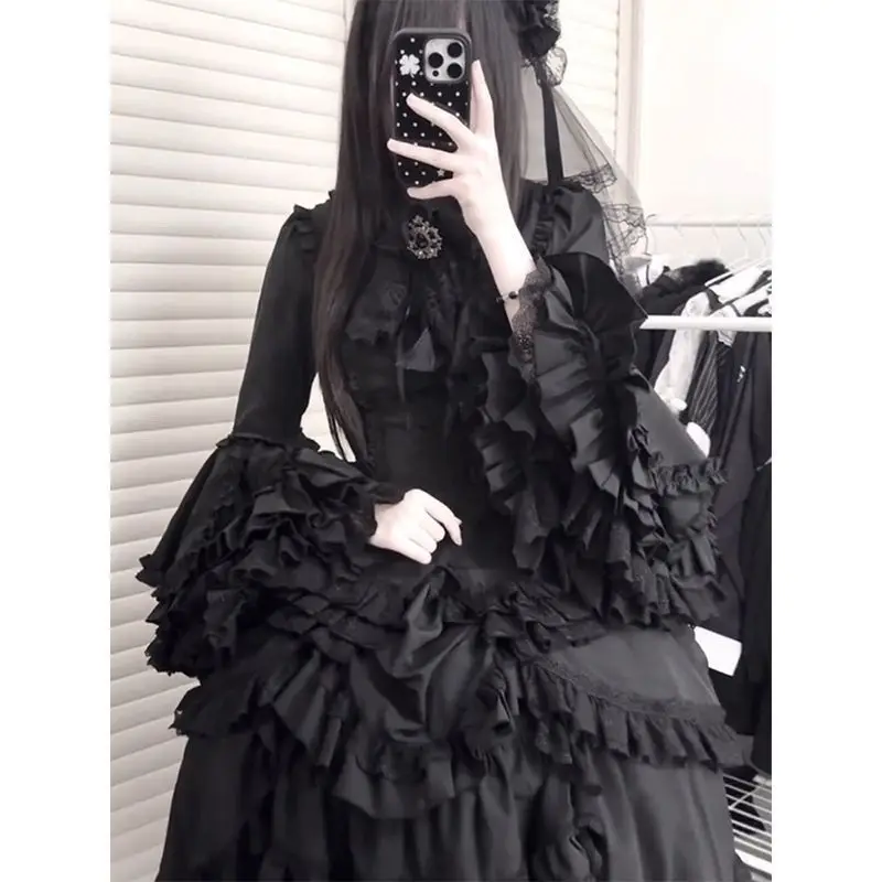 Japanese Gothic Y2k Lolita Style Skirt Set Women Vintage Sweet Flare Sleeve Shirts High Waist Lace Ruffles Irregular Skirt Suiit - view 3