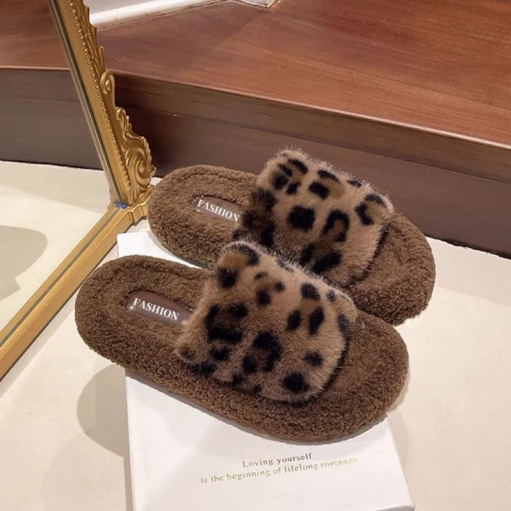 

Leopard print slippers platform women's shoes new autumn and winter fashion home flat bottom warm non-slip cotton slippers