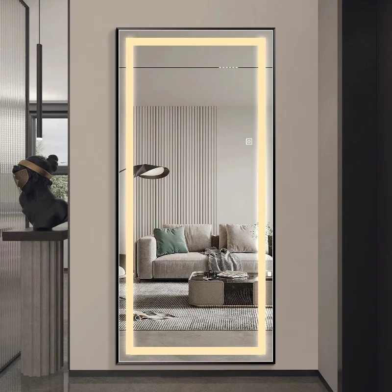 أزياء سبائك الألومنيوم الإطار كامل الجسم مرآة الجدار شنقا غرفة نوم تركيب مرآة مع مصباح ليد واضح كامل الجسم مرآة الغرور #1