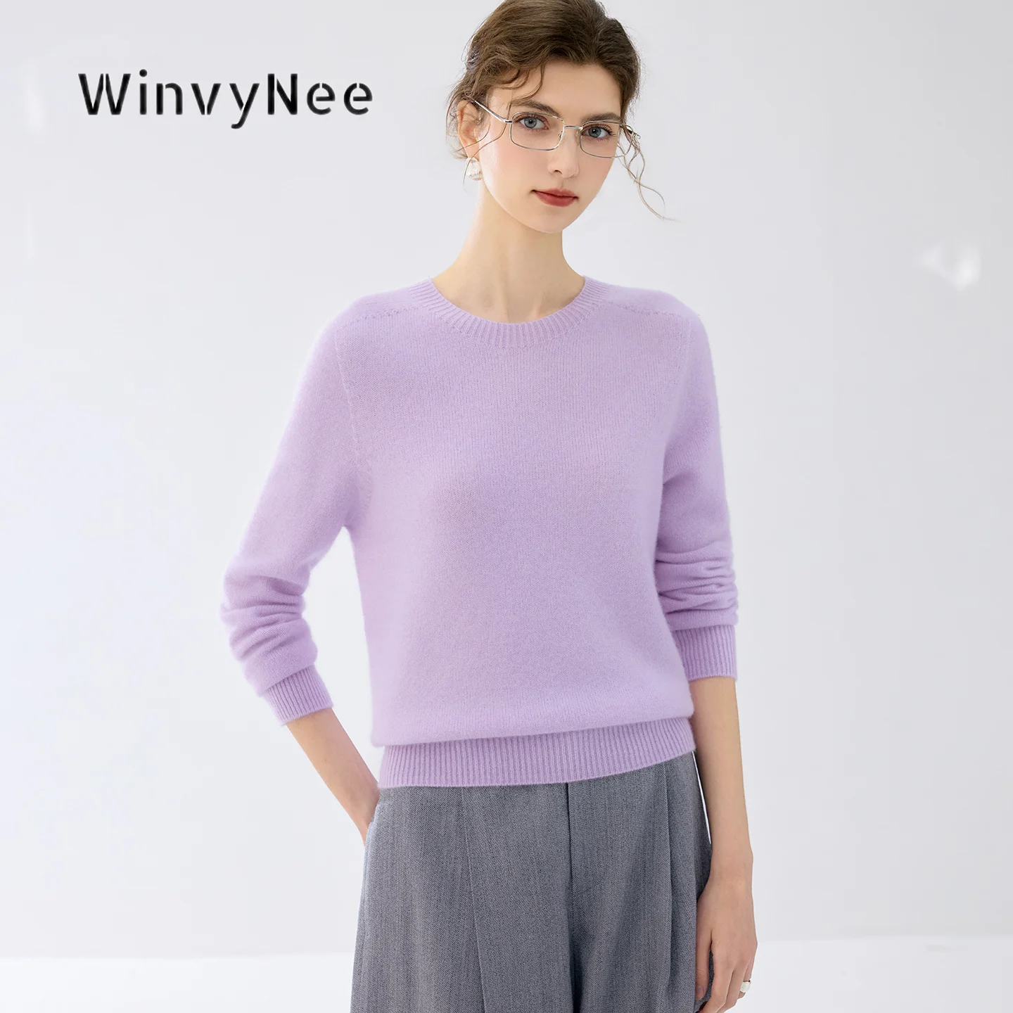 WinvyNee Women Light Luxury Smooth Cashmere Crew Neck Long Sleeve Pullover Autumn Winter Thickened Warm Knit Top Attire A1944026