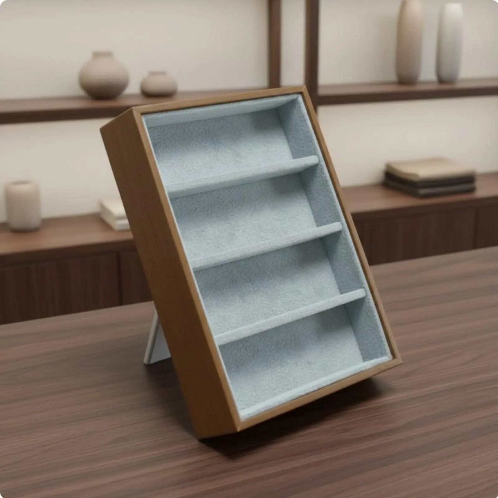 4 Compartment Glasses Display Stand Wood Grain Finish Desktop Eyewear Display Case Upright Sunglasses Storage Box Soft Flocked