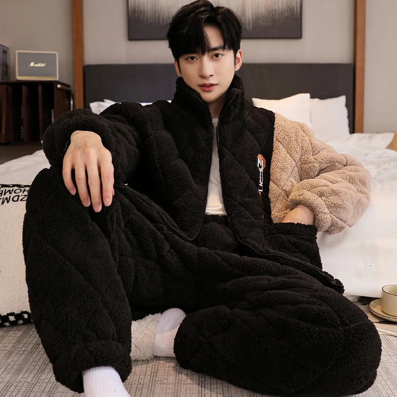 Men's Thick and Warm Fleece Pajamas, Three-layer Cotton Insulation Flannel Winter Comfort Pajamas, Outerwear Home Wear Set
