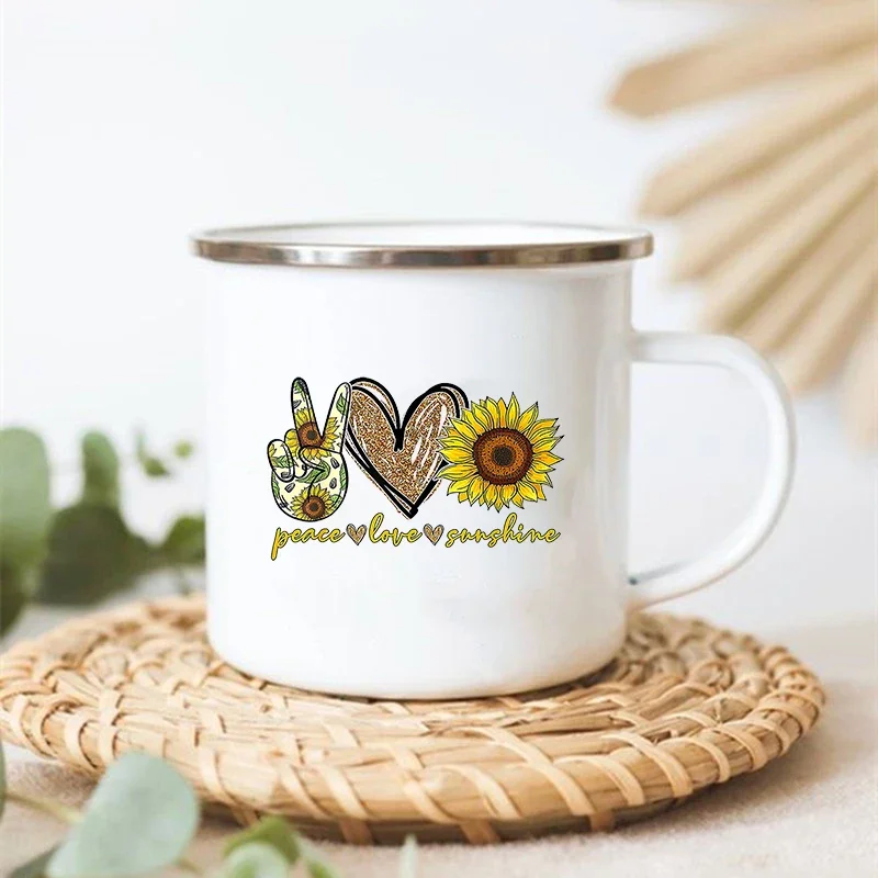 Peace Love Sunflower Elephant Print Mugs Creative Coffee Tea Cup Drinks Water Milk Cup Enamel Mug Vintage Handle Drinkware Gifts