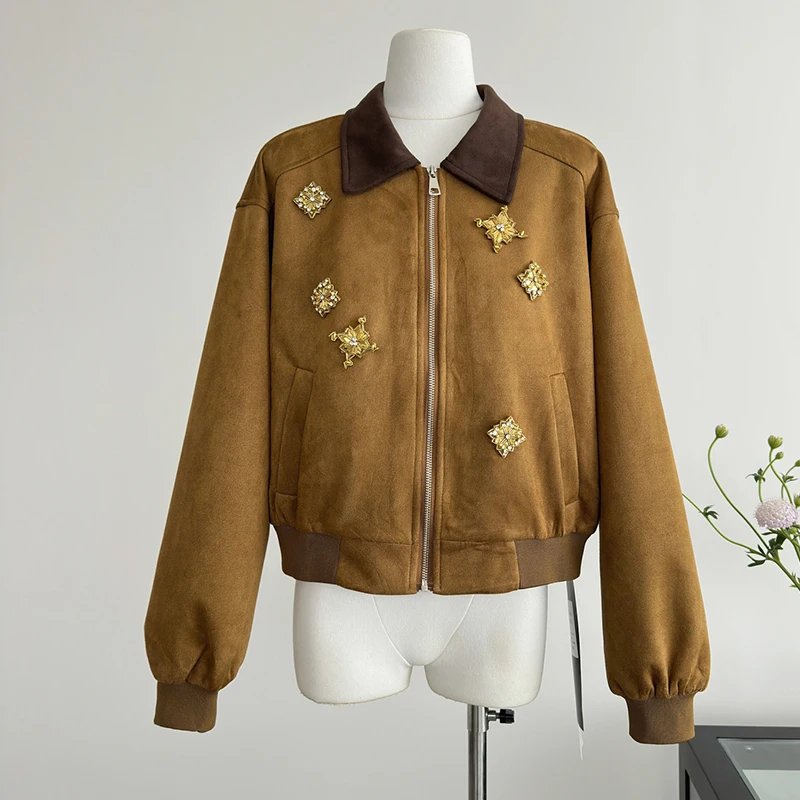 

Suede Zipper Fly Jacket Coat Retro Loose Heavy Diamond Chic Jacket Overcoat Women Autumn Winter Long Sleeve Pocket Outwear