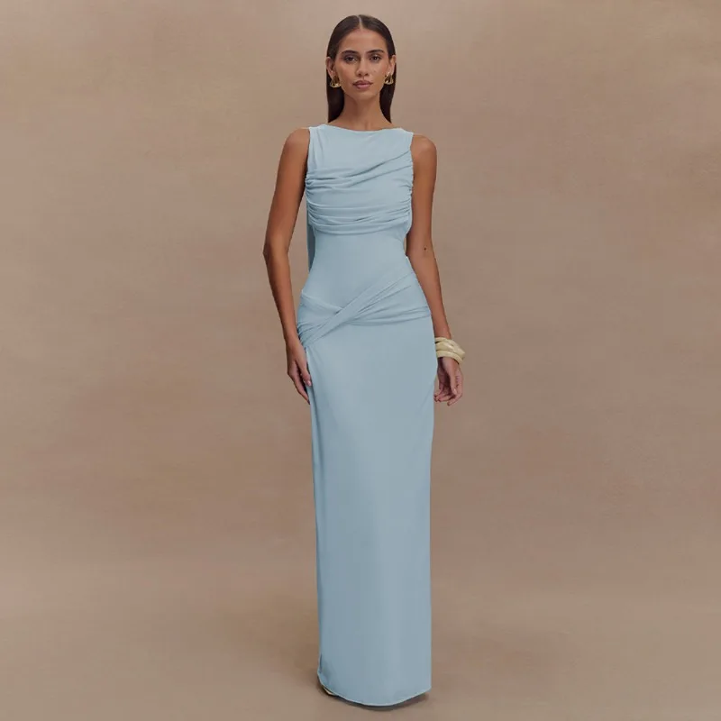 EOENKKY Backless Increspato Elegante Abito Lungo Abito Da Donna Estate Nuovo O Collo Coscia Alta Divisa Aderente Sexy Maxi Vestito Dal Carro Armato di Modo